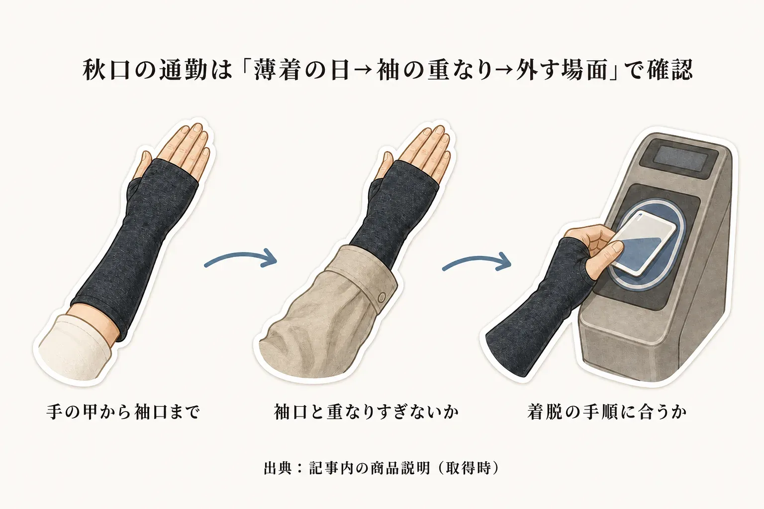 秋口の通勤で、薄着の日は手の甲から袖口までをアームカバーで覆い、薄手長袖の日は袖口と重なりすぎないかを確認し、改札ではアームカバーを着けた手でスマートフォンをかざす場面を並べて示した図。出典：記事内の商品説明（取得時）