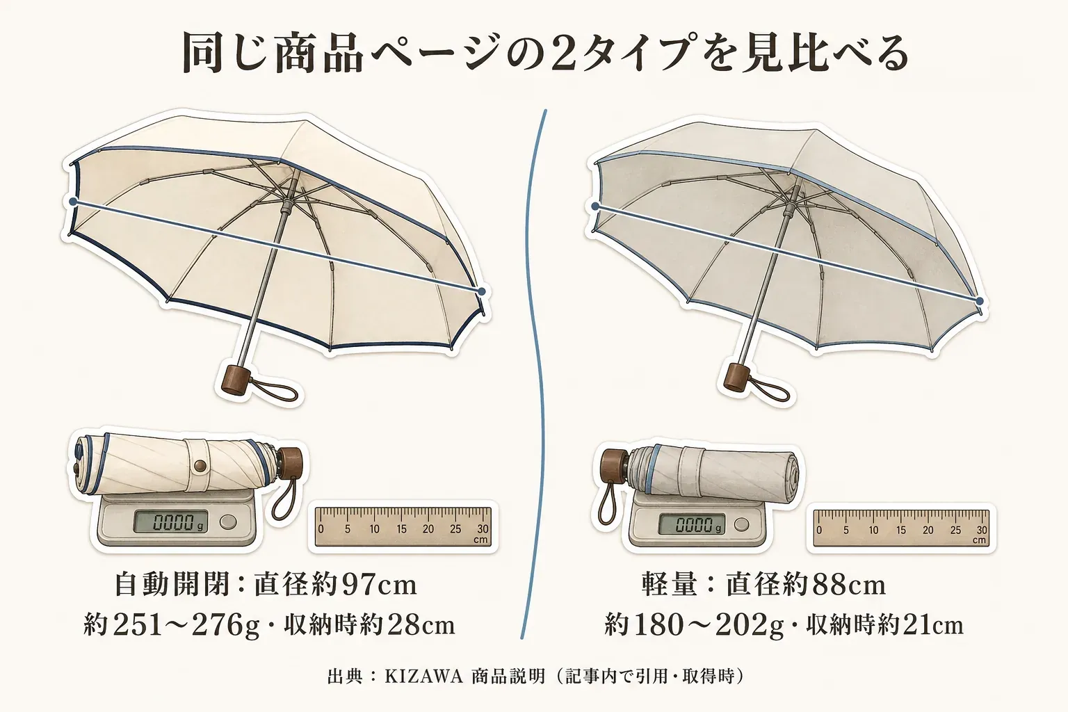 同じKIZAWA商品ページの2タイプを比較した図。自動開閉タイプは直径約97cm・約251〜276g・収納時約28cm、軽量タイプは直径約88cm・約180〜202g・収納時約21cmと示している。出典：KIZAWA商品説明（記事内で引用・取得時）