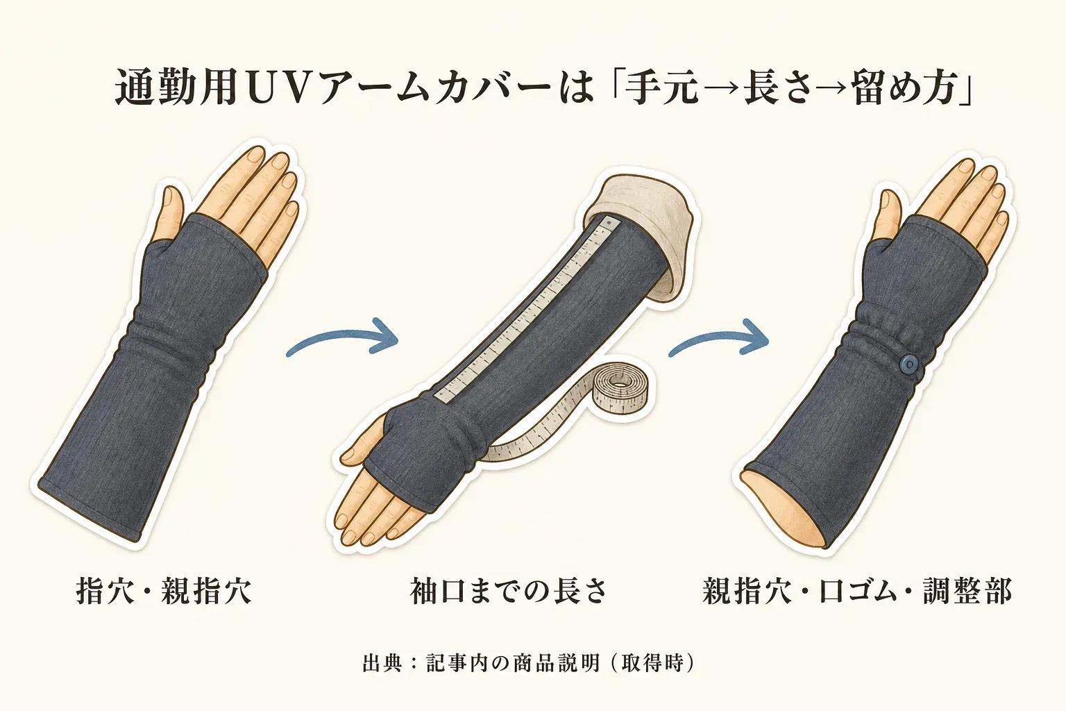 通勤用UVアームカバーを選ぶ順番として、手の甲を覆う指穴・親指穴、半袖の袖口までの長さ、ずれを抑える親指穴・口ゴム・二の腕の調整部を、アームカバーのイラストで示した図。出典：記事内の商品説明（取得時）