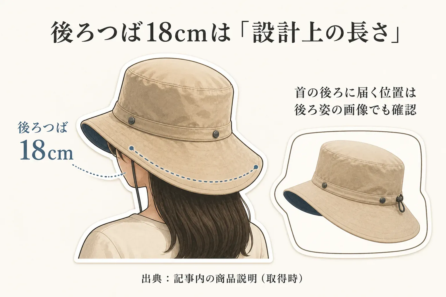 後ろつば18cmと記載された帽子について、18cmは設計上の長さであり、首の後ろに届く位置は後ろ姿の画像でも確認することを、帽子をかぶった後ろ姿と商品画像で示した図。出典：記事内の商品説明（取得時）