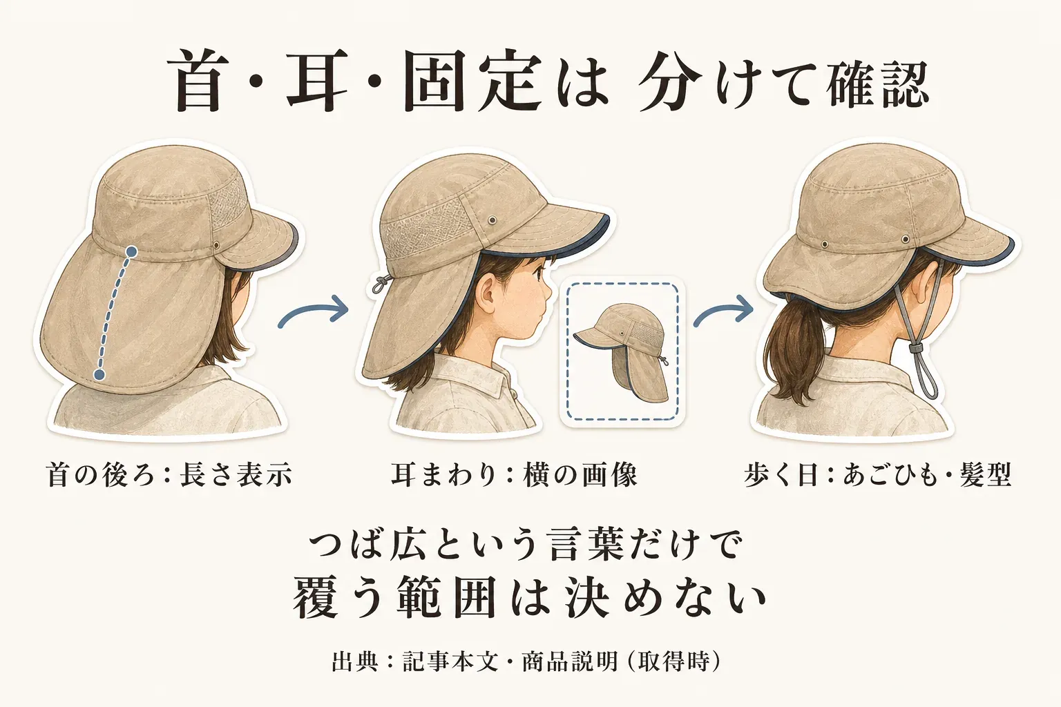 UVカット帽子を選ぶ際、首の後ろは長さ表示、耳まわりは横からの画像、歩く日はあごひもと髪型を分けて確認し、つば広という言葉だけで覆う範囲を決めないことを、3つの着用イラストで示した図。出典：記事本文・商品説明（取得時）