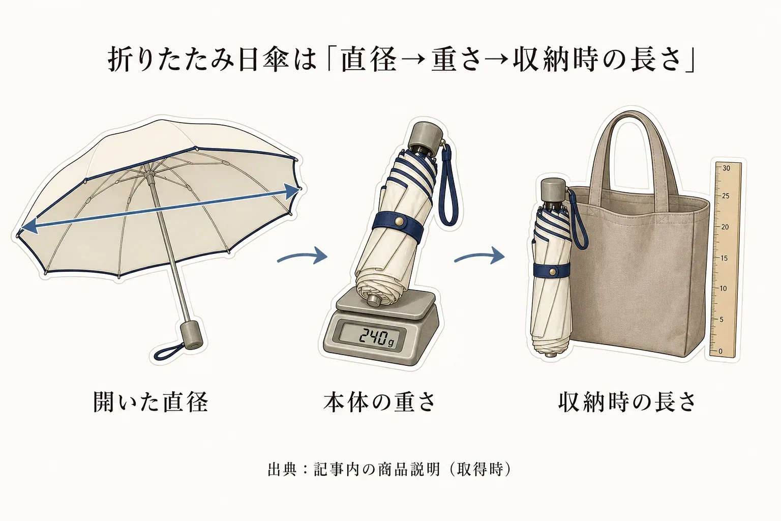 折りたたみ日傘を選ぶ順番として、開いた直径、本体の重さ、収納時の長さを、傘・はかり・バッグと定規のイラストで順に示した図。出典：記事内の商品説明（取得時）