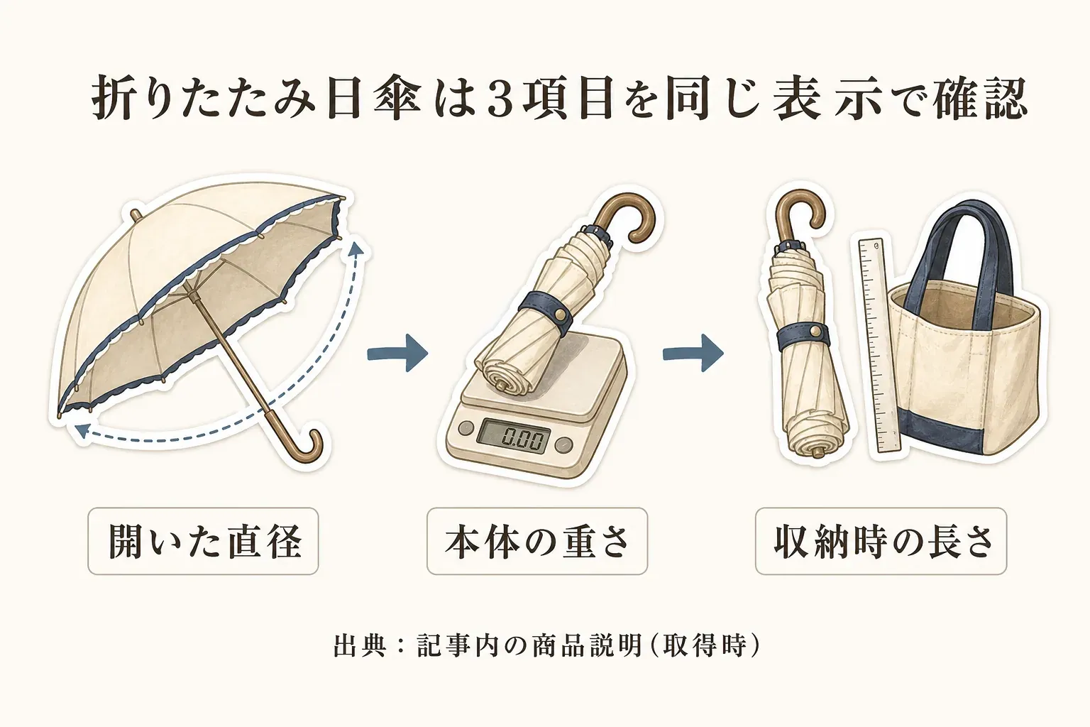 折りたたみ日傘は開いた直径、本体の重さ、収納時の長さの3項目を同じ仕様表示で確認することを、傘・はかり・バッグと定規のイラストで示した図。出典：記事内の商品説明（取得時）