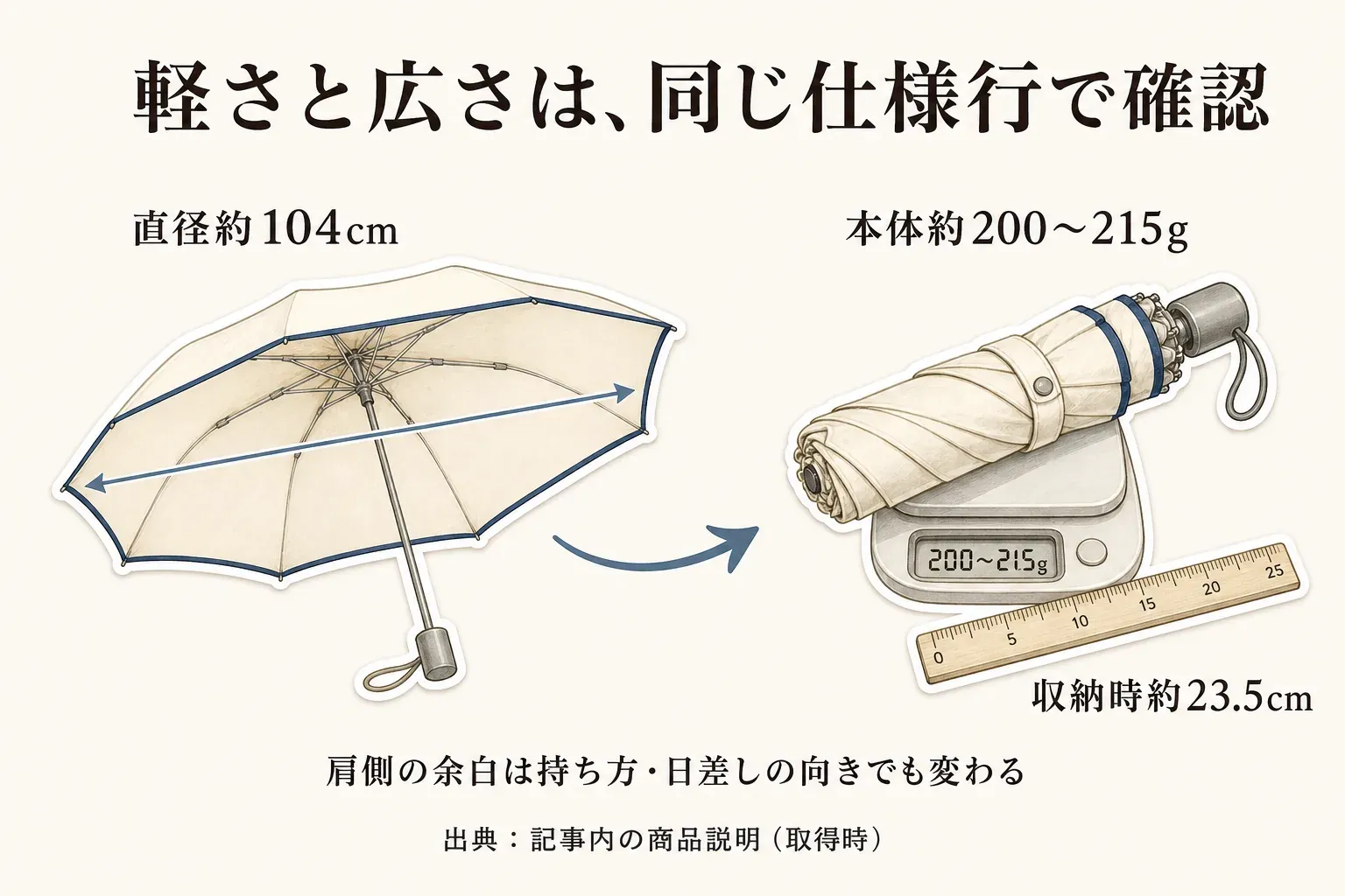 直径約104cm・約200〜215g・収納時約23.5cmの折りたたみ日傘と、直径約105cm・約270g・収納時約30cmの折りたたみ日傘を並べ、肩まわりの余白と軽さを数値で比較する図。出典：記事内の商品説明（取得時）
