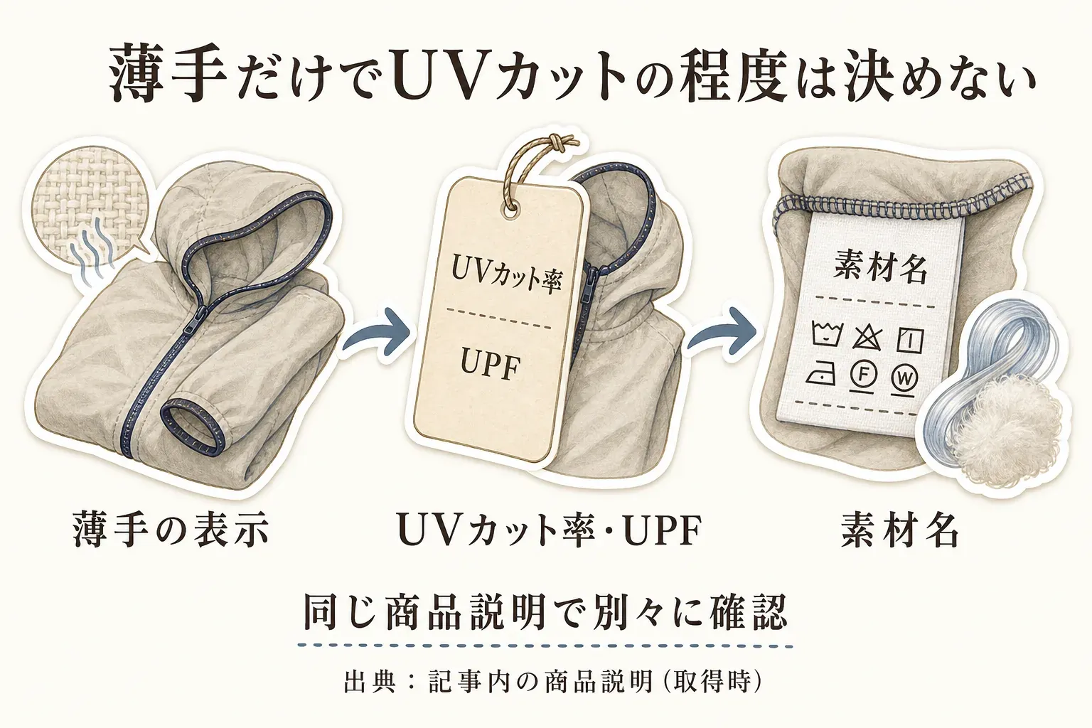 薄手のUVカットパーカーを確認するとき、薄手・軽量の表示と、UVカット率、UPF、素材名の表示を別々に確認し、数値や対象範囲を同じ商品説明で照らし合わせることを示した図。出典：記事内の商品説明（取得時）
