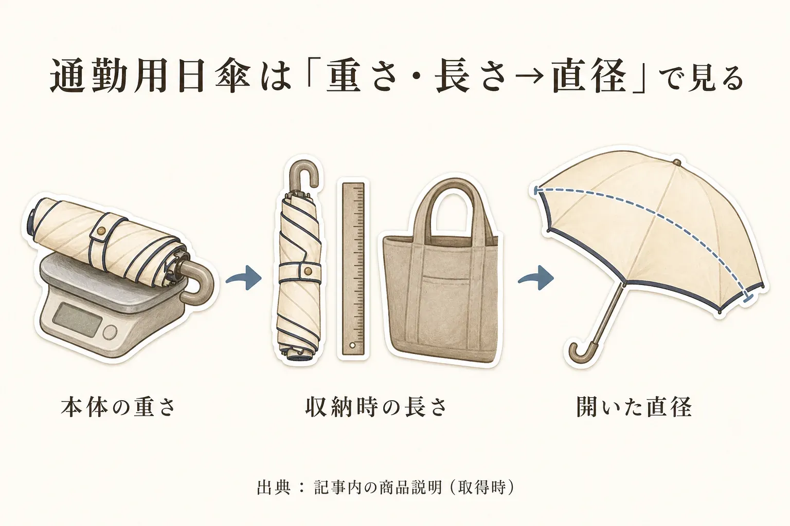 通勤用の折りたたみ日傘を、本体の重さ、収納時の長さ、開いた直径の順に確認することを、はかり、折りたたんだ傘と定規・バッグ、開いた傘のイラストで示した図。出典：記事内の商品説明（取得時）