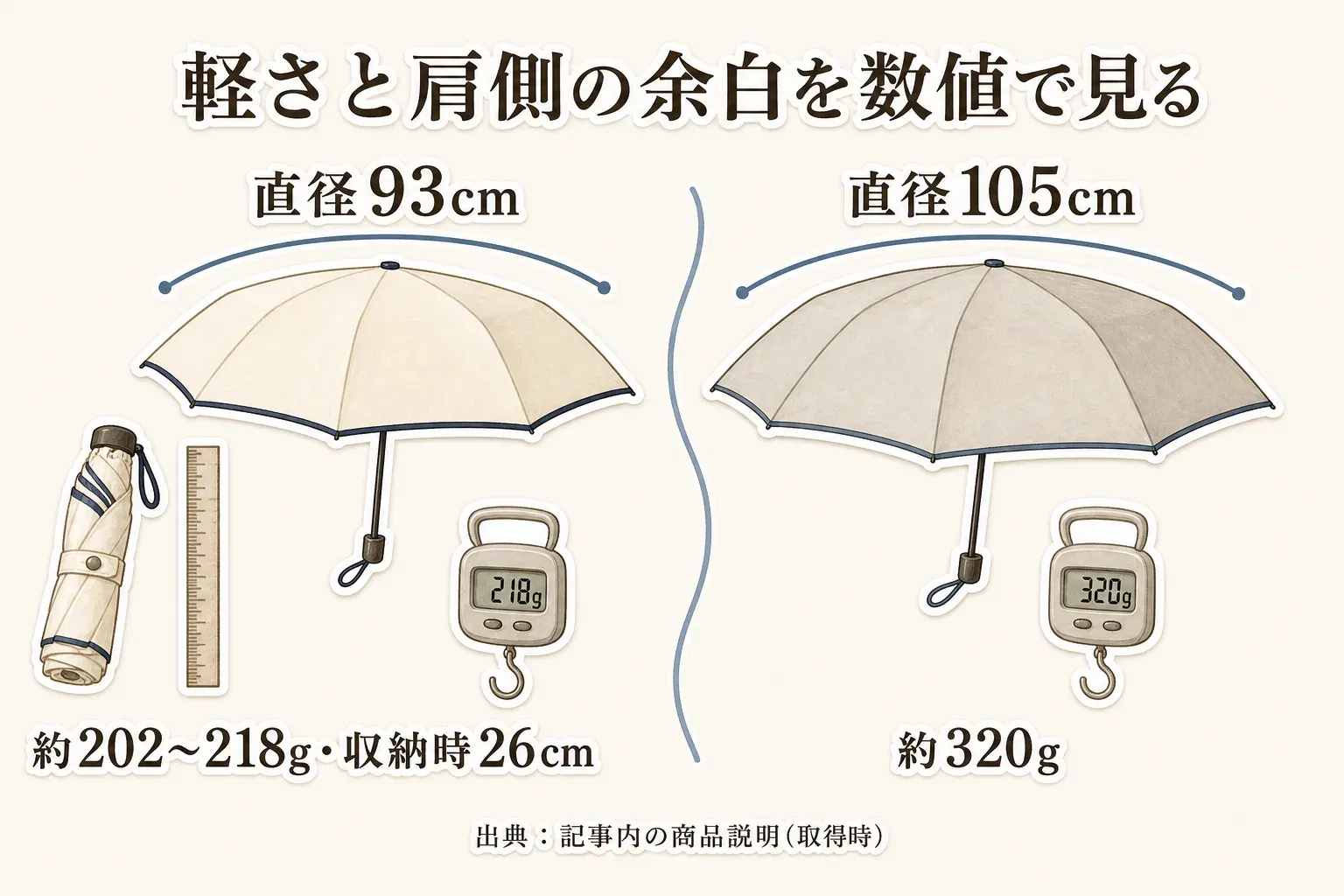 軽さと肩側の余白を数値で見るため、直径93cm・約202〜218g・収納時26cmの折りたたみ日傘と、直径105cm・約320gの折りたたみ日傘を並べて比較した図。出典：記事内の商品説明（取得時）