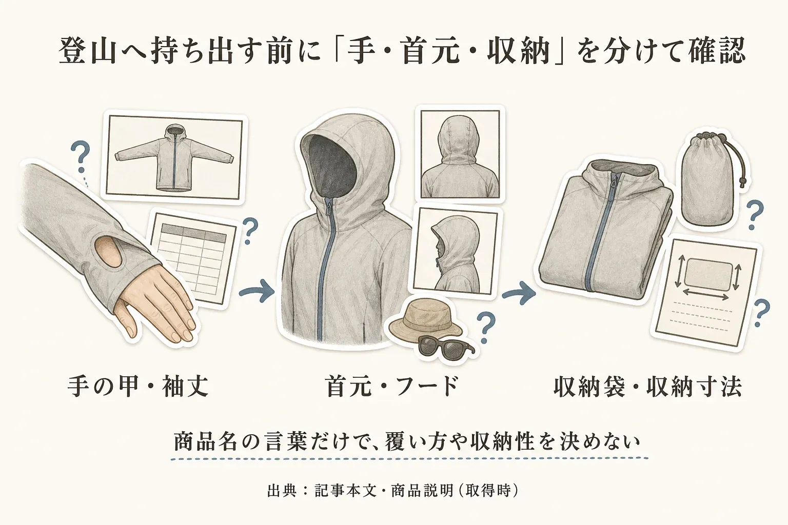 登山へ持ち出す前に、手の甲・袖丈、首元・フード、収納袋・収納寸法を順に分けて確認する流れを、パーカーや収納袋のイラストで示した図。商品名の言葉だけで覆い方や収納性を決めない。出典：記事本文・商品説明（取得時）