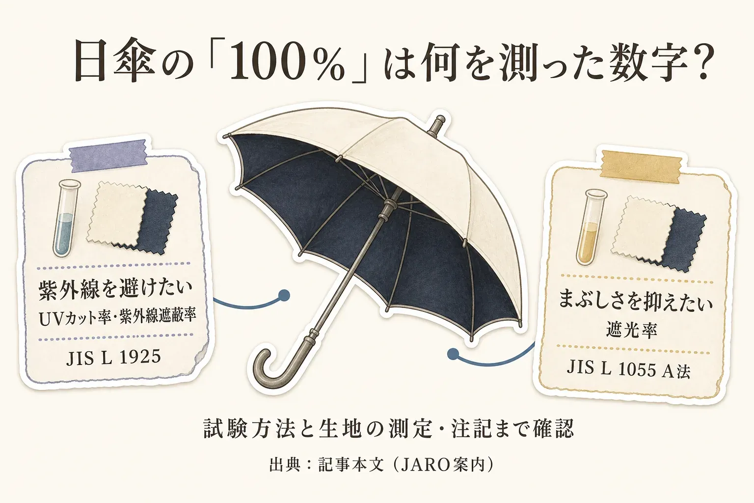日傘の「100％」表示について、紫外線を避けたい場合はUVカット率・紫外線遮蔽率をJIS L 1925で、まぶしさを抑えたい場合は遮光率をJIS L 1055 A法で確認し、試験方法・生地の測定・注記まで確認することを示した図。出典：記事本文（JARO案内）