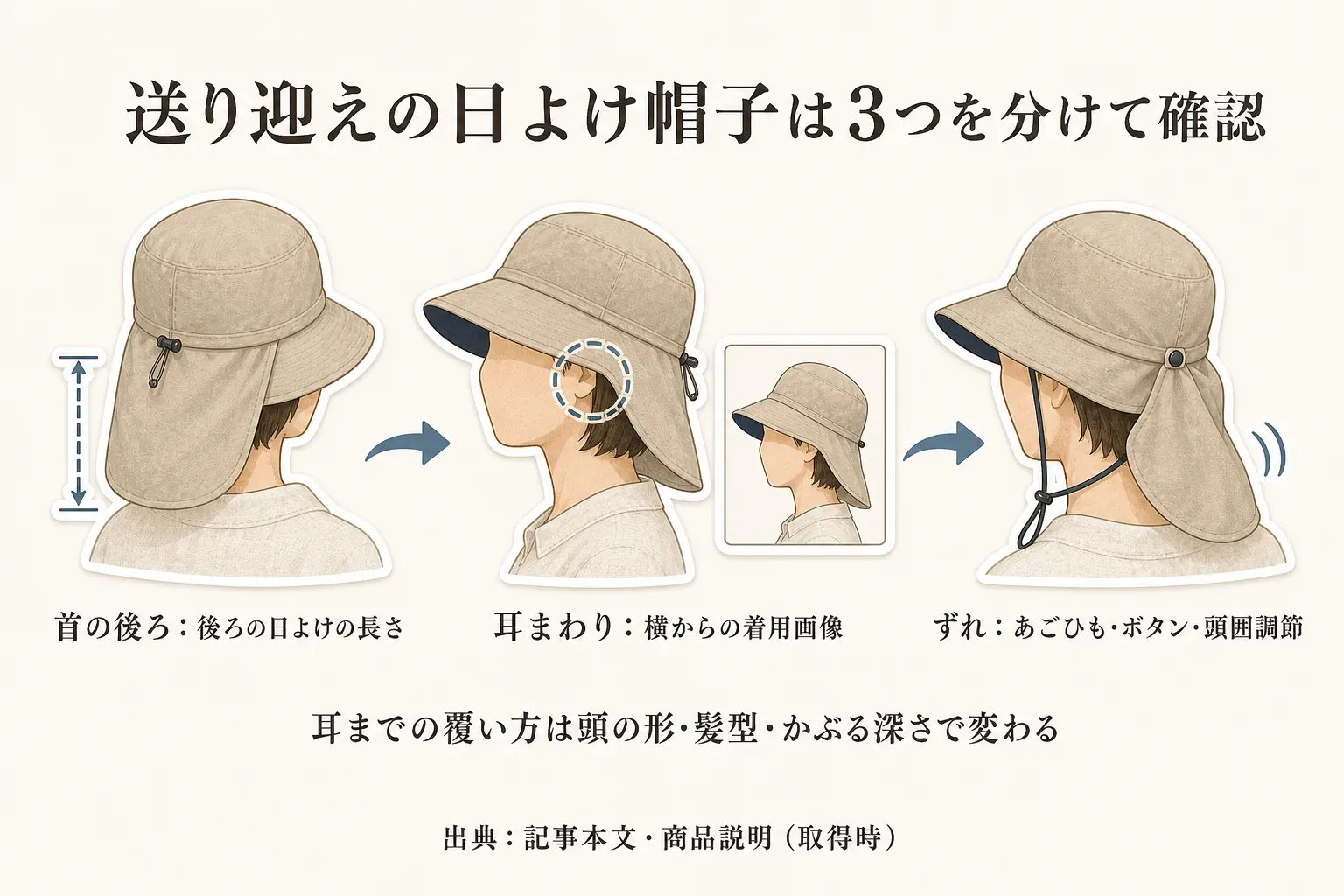 送り迎え用の日よけ帽子を、首の後ろは後ろの日よけの長さ、耳まわりは横からの着用画像、ずれはあごひも・ボタン・頭囲調節の3点で確認する図。耳までの覆い方は頭の形・髪型・かぶる深さで変わる。出典：記事本文・商品説明（取得時）