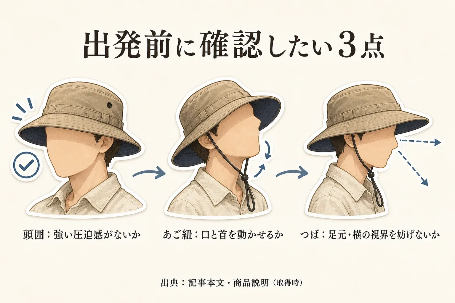 出発前に登山用帽子をかぶり、頭囲に強い圧迫感がないか、あご紐を付けて口と首を動かせるか、つばが足元や横の視界を妨げないかを確認する3点を、人が帽子をかぶった図で示した図。出典：記事本文・商品説明（取得時）