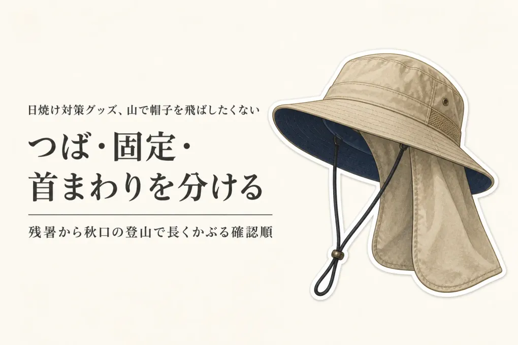 残暑から秋口の登山用UVカット帽子｜つば広・あご紐による固定・首まわりの確認順