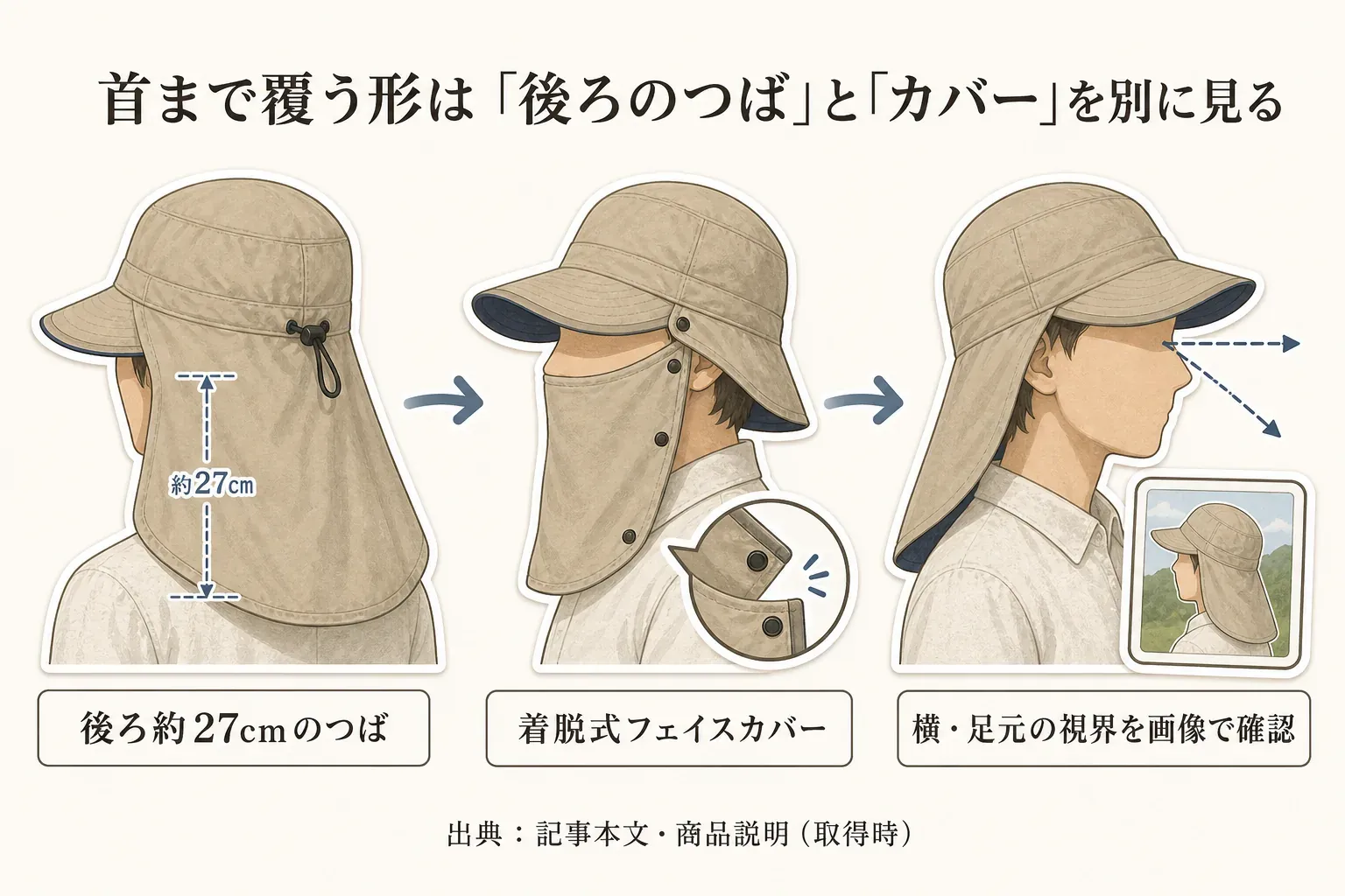 首まで覆う帽子は、後ろ約27cmのつばと着脱式フェイスカバーを分けて確認し、カバーを付けた状態では横と足元方向の視界を商品画像で確認することを、後ろ姿・横顔・視界のイラストで示した図。出典：記事本文・商品説明（取得時）