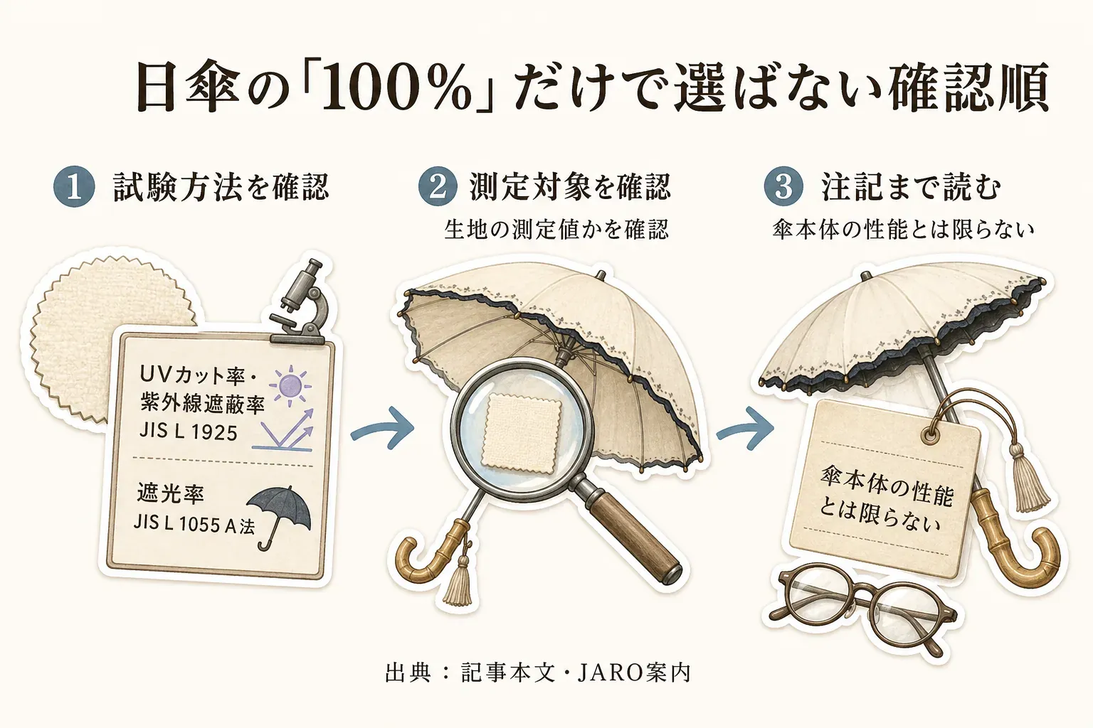 日傘の「100％」表示を確認する際に、UVカット率・紫外線遮蔽率はJIS L 1925、遮光率はJIS L 1055 A法という試験方法を確認し、測定値が生地の状態によるものか、傘本体全体の性能を示すものではないという注記まで読む流れを示した図。出典：記事本文・JARO案内・商品ページ表示