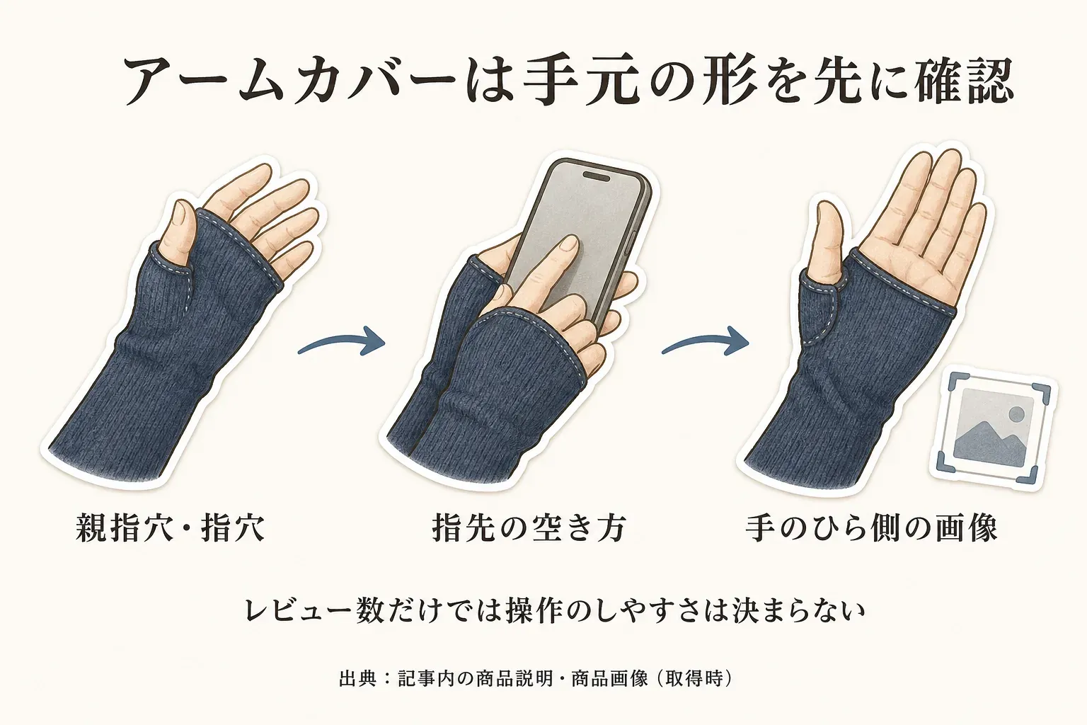 指穴付きアームカバーを選ぶ際に、親指穴・指穴、指先の空き方、手のひら側の商品画像の順に確認することを、スマホを操作する手元のイラストで示した図。レビュー数だけでは操作のしやすさは決まらない。出典：記事内の商品説明・商品画像（取得時）