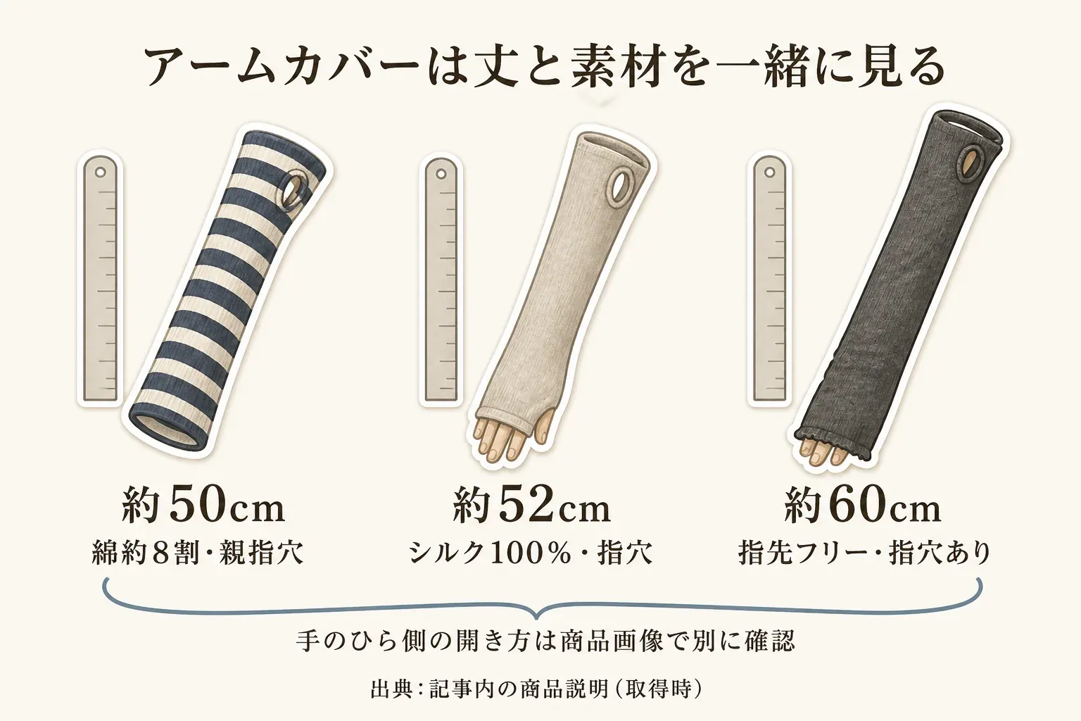 約50cm・綿約8割・親指穴、約52cm・シルク100％・指穴、約60cm・指先フリー・指穴ありのアームカバーを、丈の目安とともに並べ、手のひら側の開き方は商品画像で別に確認することを示した図。出典：記事内の商品説明（取得時）