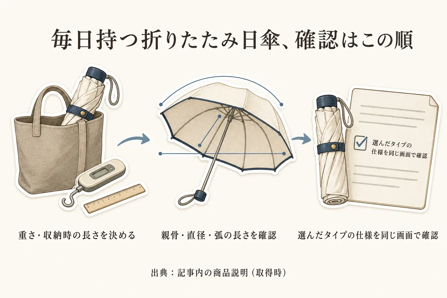 毎日持つ折りたたみ日傘を選ぶとき、重さ・収納時の長さを決め、親骨・開いた直径・弧の長さを確認し、選んだタイプの仕様を同じ画面で確かめる順番を、バッグ、傘、商品仕様のイラストで示した図。出典：記事内の商品説明（取得時）