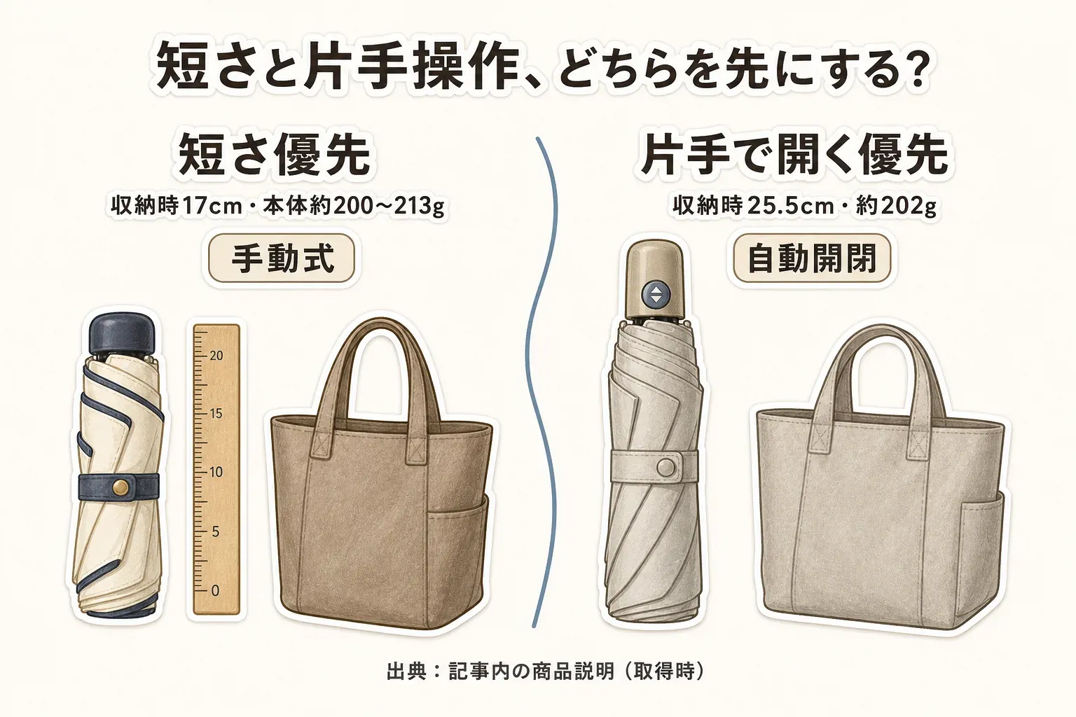 短さ優先の手動式は収納時17cm・本体約200〜213g、片手で開く優先の自動開閉は収納時25.5cm・約202gとして、折りたたみ日傘と通勤バッグを比較した図。出典：記事内の商品説明（取得時）