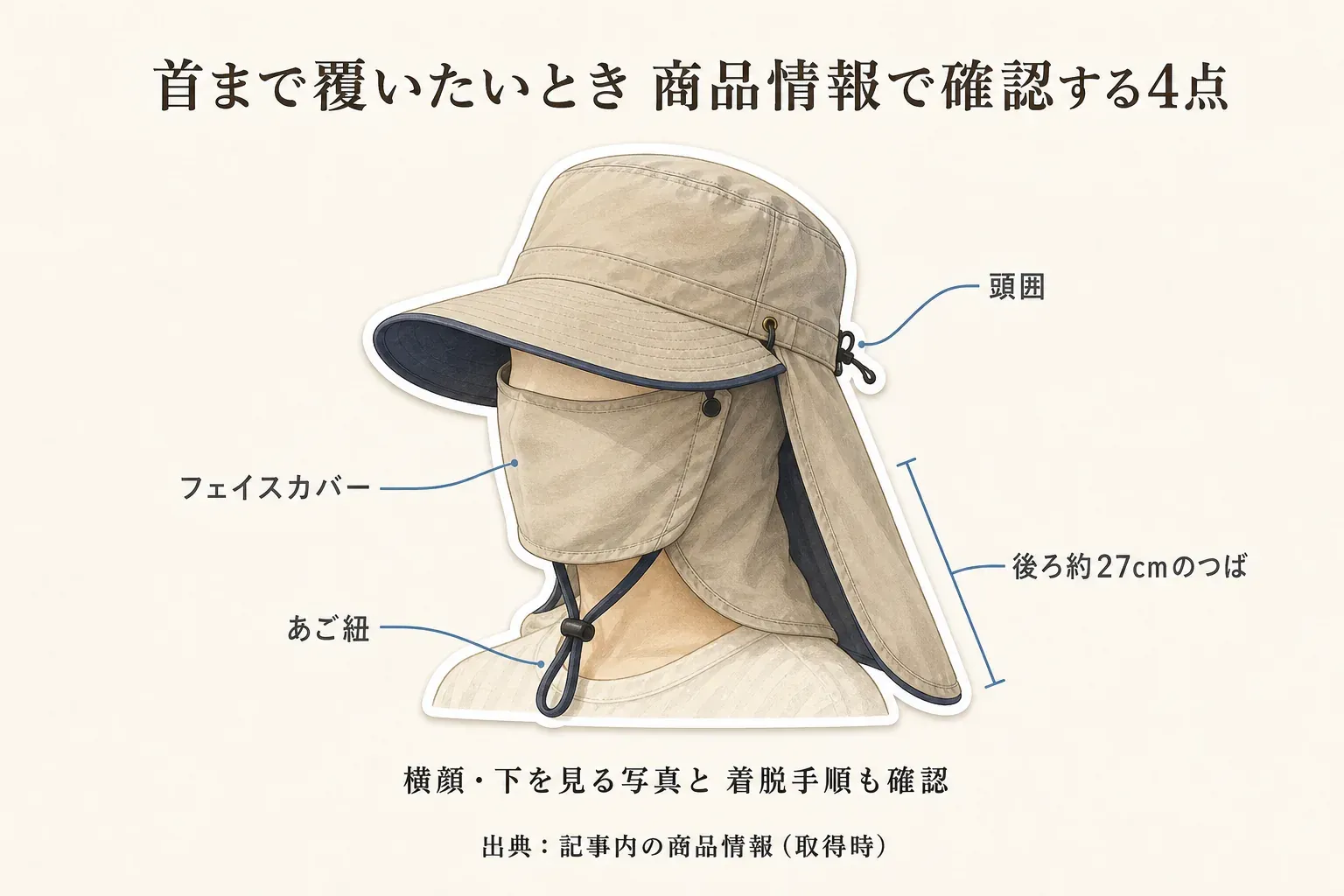 フェイスカバー、あご紐、頭囲の調節部、後ろ約27cmのつばを備えた帽子を示し、首まで覆いたいときは横顔・下を見る写真と着脱手順を確認する4点を案内する図。出典：記事内の商品情報（取得時）