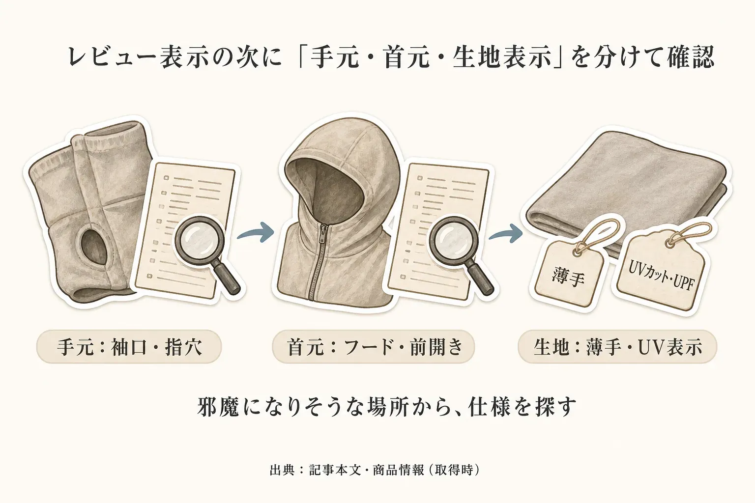 レビュー表示の次に、UVカットパーカーの手元では袖口・指穴、首元ではフード・前開き、生地では薄手とUVカット・UPFの表示を分けて確認し、邪魔になりそうな場所から仕様を探す流れを示した図。出典：記事本文・商品情報（取得時）