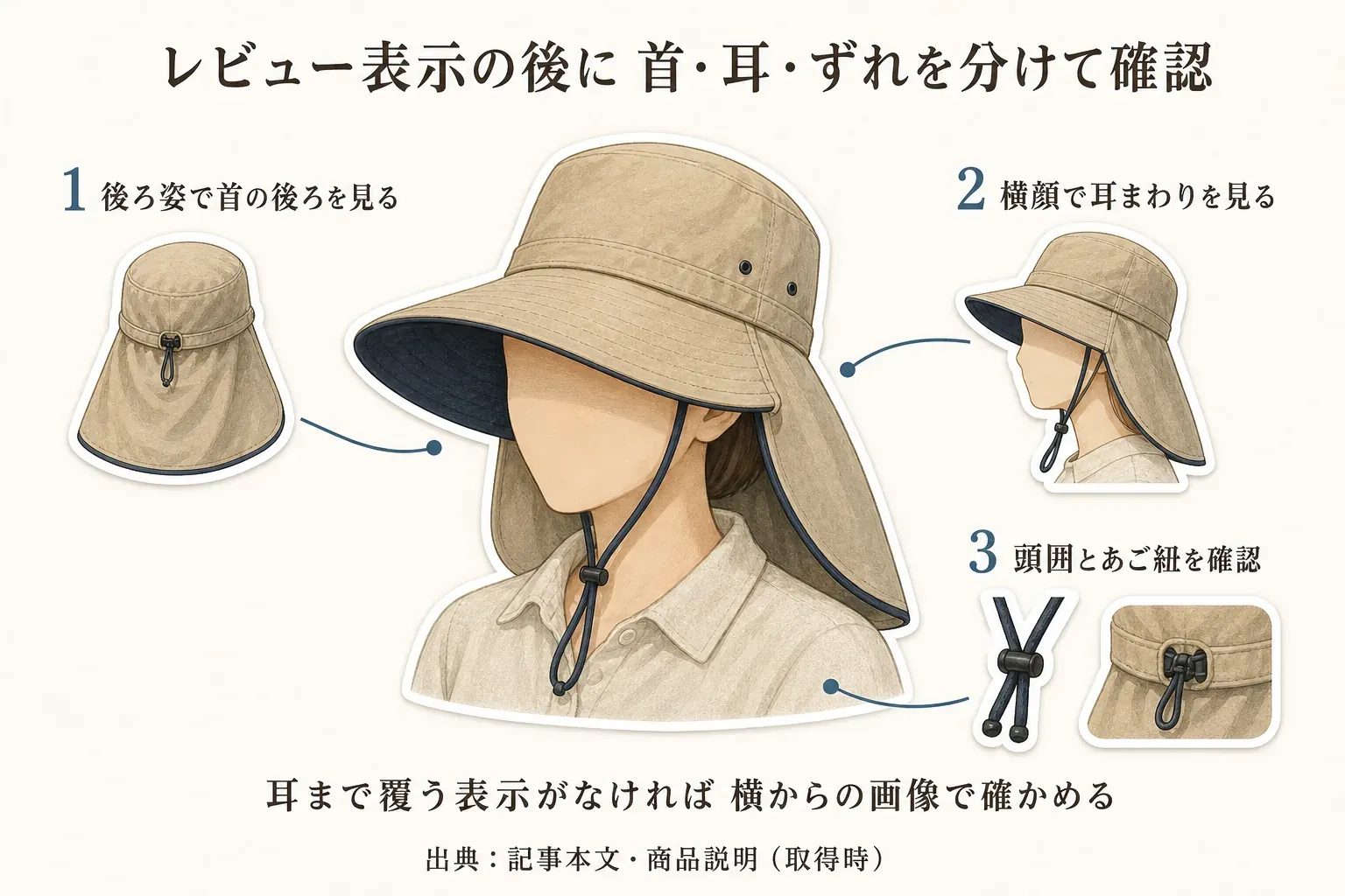 首の日よけ付き帽子を確認する順番として、後ろ姿で首の後ろを見て、横顔で耳まわりを見て、頭囲とあご紐を確認する3点を示した図。耳まで覆う表示がなければ横からの商品画像で確かめる。出典：記事本文・商品説明（取得時）