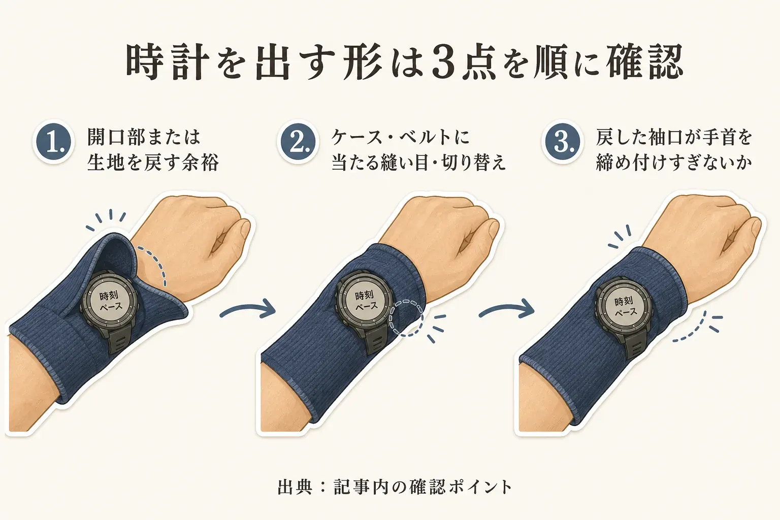 ランニング用アームカバーで腕時計を見やすくするため、時計用スリットか手首側をめくる形かを確かめ、時計ケースが収まる余裕と手首部分の画像・サイズ案内を確認するポイントを示す図。出典：記事内の商品説明（取得時）