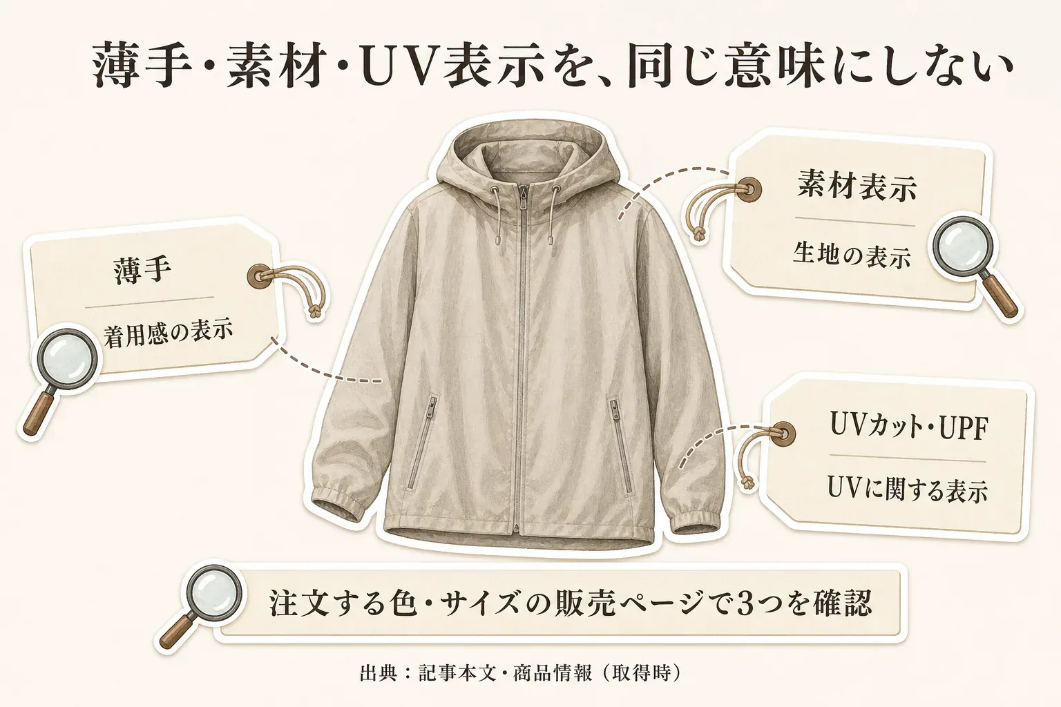 薄手のUVカットパーカーを選ぶ際に、薄手の表記、生地の素材表示、UVカット率・UPFの表示を別々に確認する図。薄手という言葉だけで紫外線対策の程度を判断しない。出典：記事本文