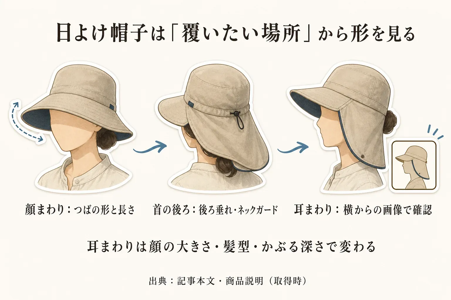 日よけ帽子を、顔まわりはつばの形と長さ、首の後ろは後ろ垂れ・ネックガード、耳まわりは横からの画像で確認する3つの観点で示した図。耳まわりの覆われ方は顔の大きさ・髪型・かぶる深さで変わる。出典：記事本文・商品説明（取得時）